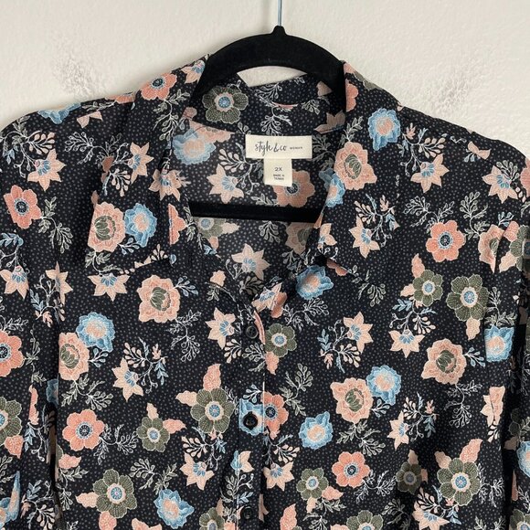 Style&co. Womens Plus 2X Floral Button up Blouse Long Sleeve Shirt Top - Picture 2 of 9